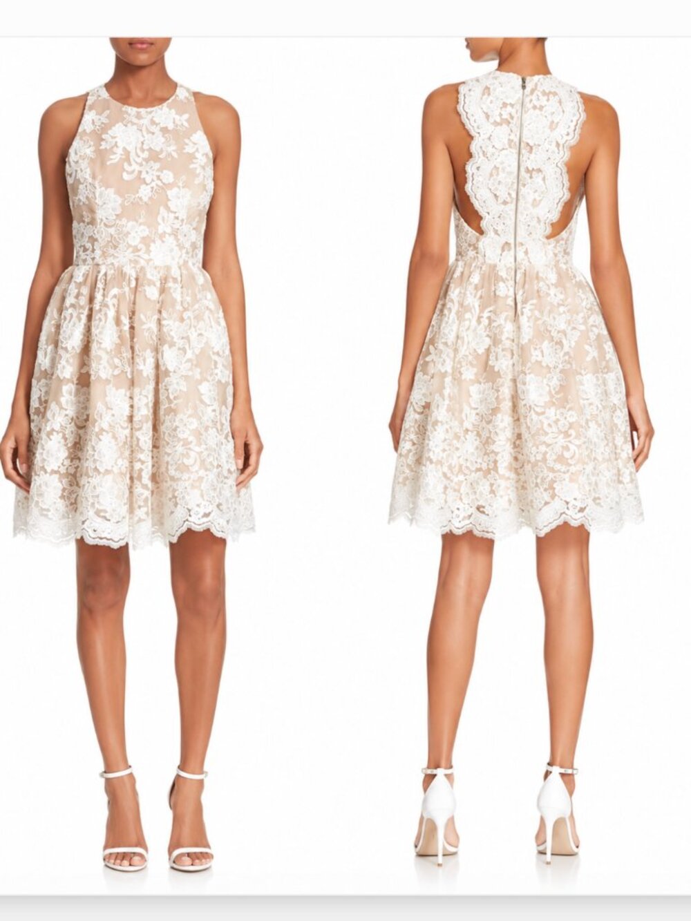 Alice + Olivia "Ladonna" Floral Lace Fit & Flare Mini Dress - Off-White/Sesame